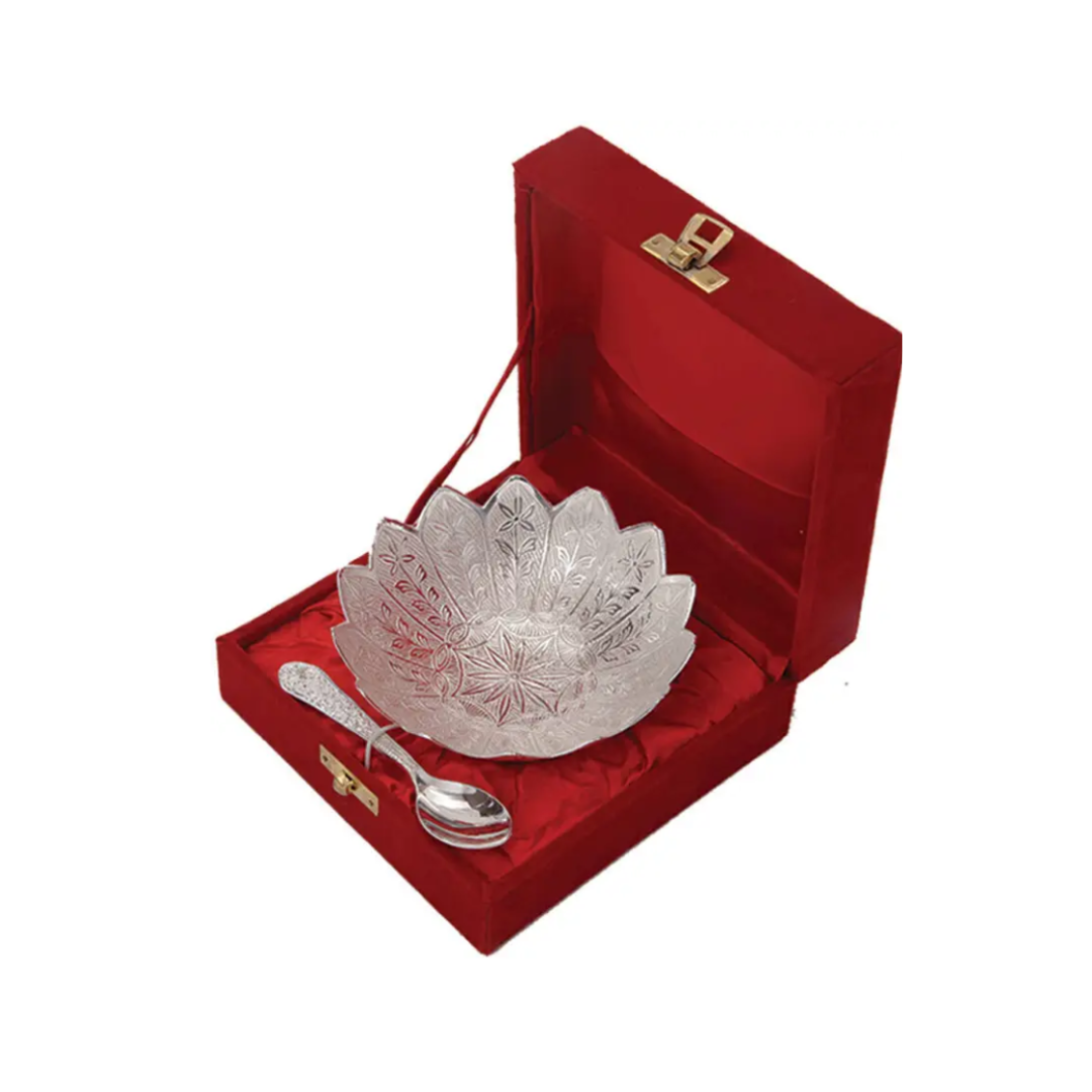 Silver Flower Bowl Set with Spoon and Box