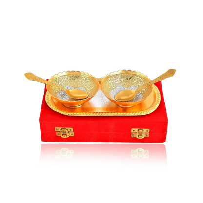 Double Bowl Spoon Golden Tray Set