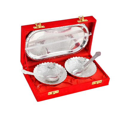 Double Bowl Spoon Tray Silver Set