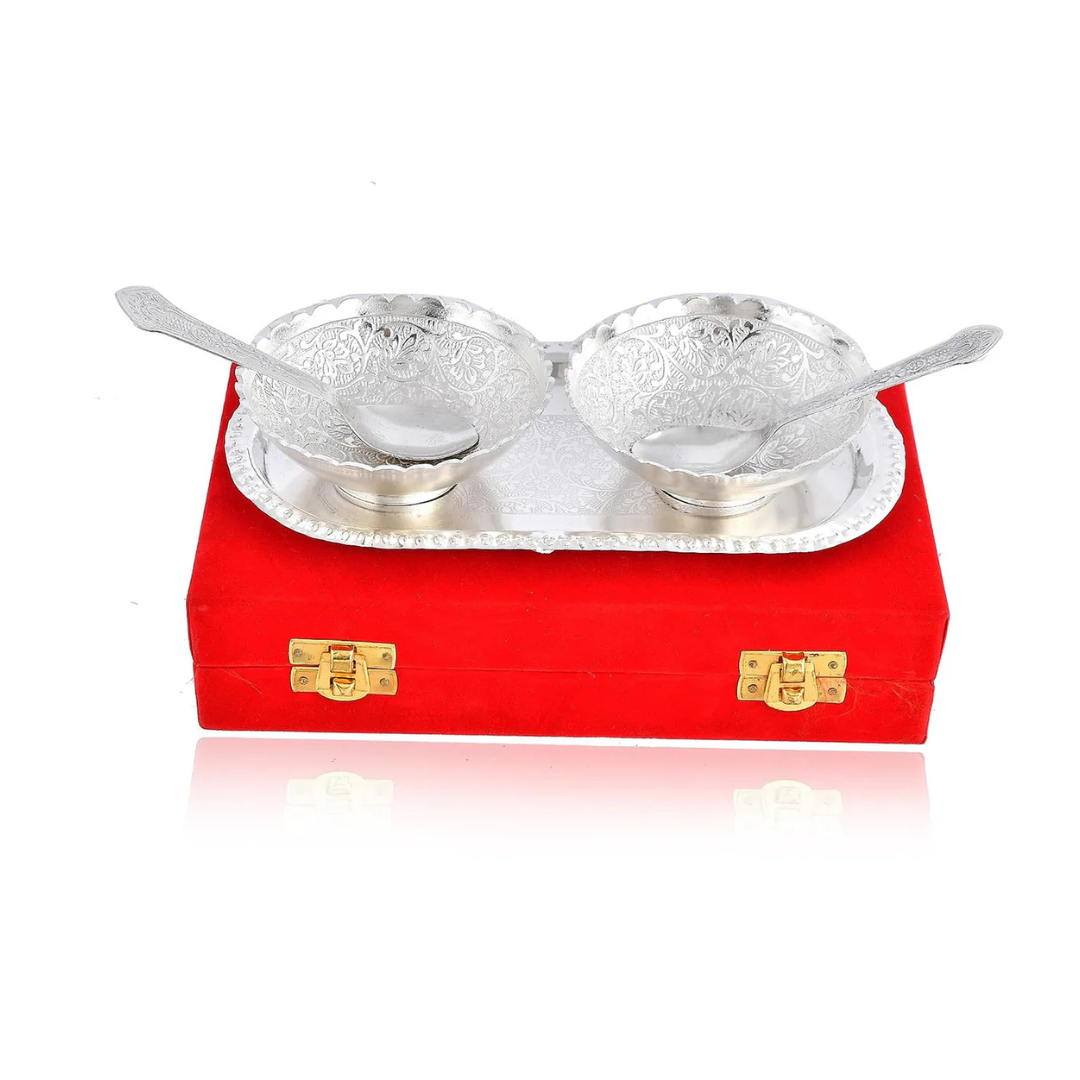 Double Bowl Spoon Tray Silver Set