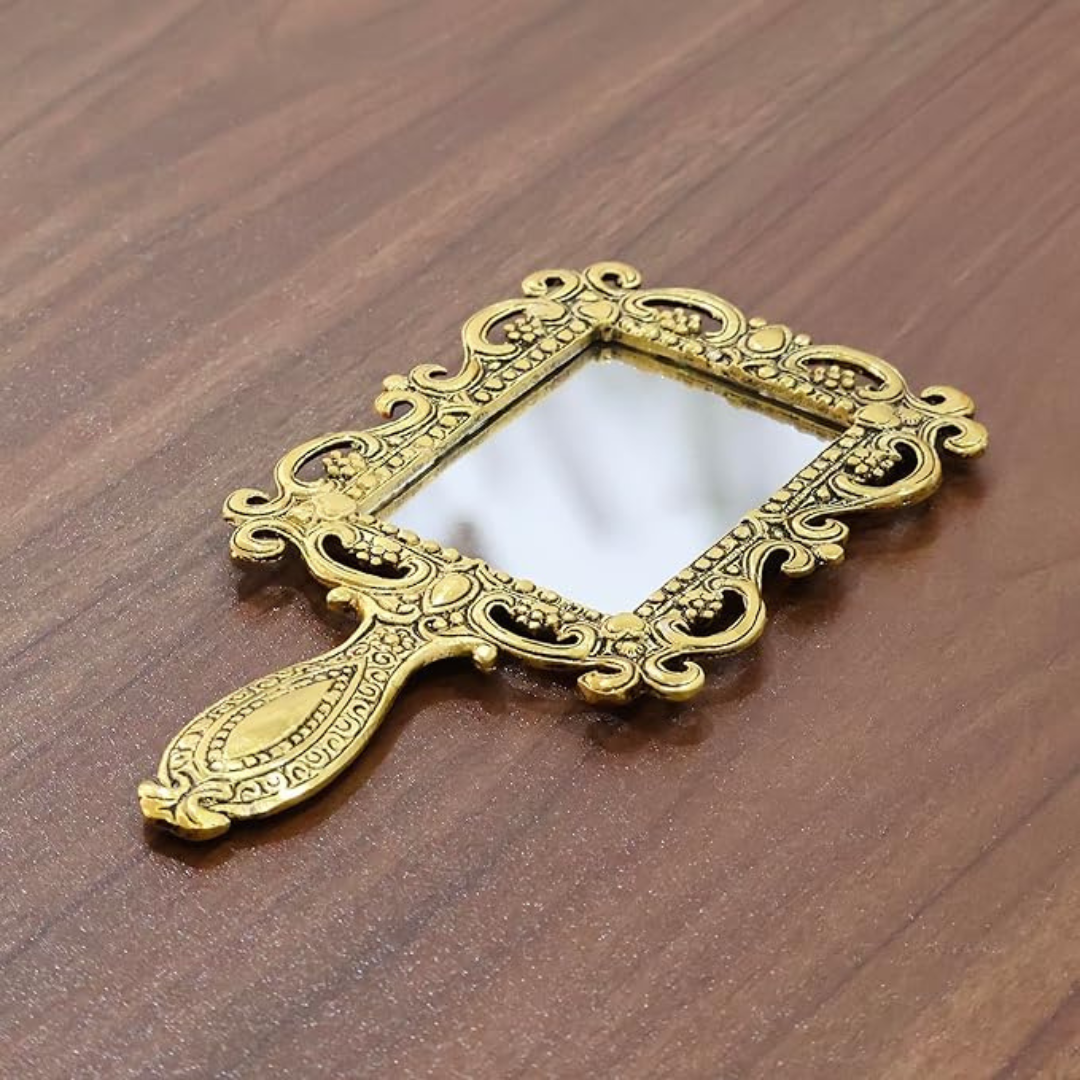 Square Shape Gold Plated Metal Hand Mirror