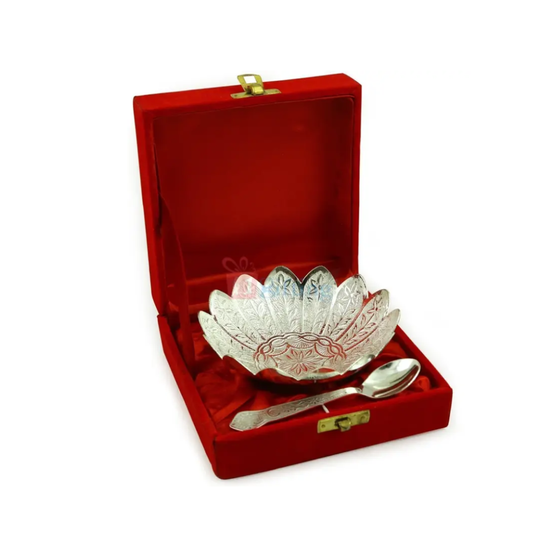 Silver Flower Bowl Set with Spoon and Box