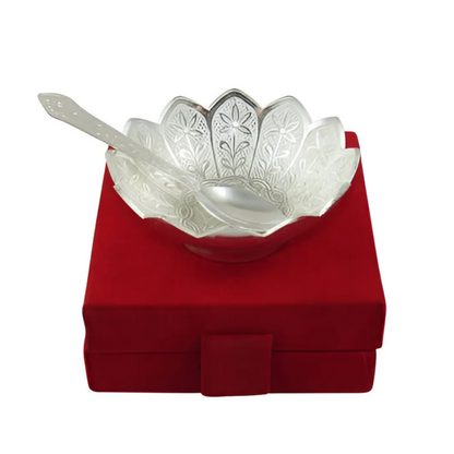 Silver Flower Bowl Set with Spoon and Box