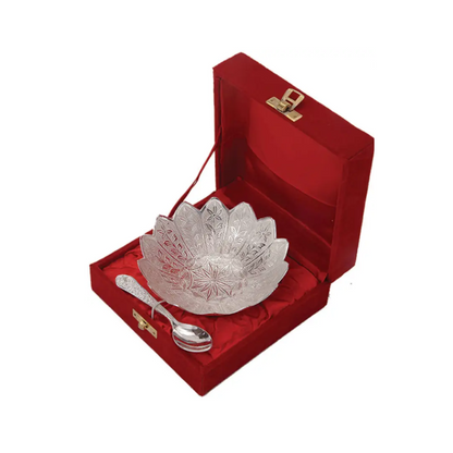 Silver Flower Bowl Set with Spoon and Box