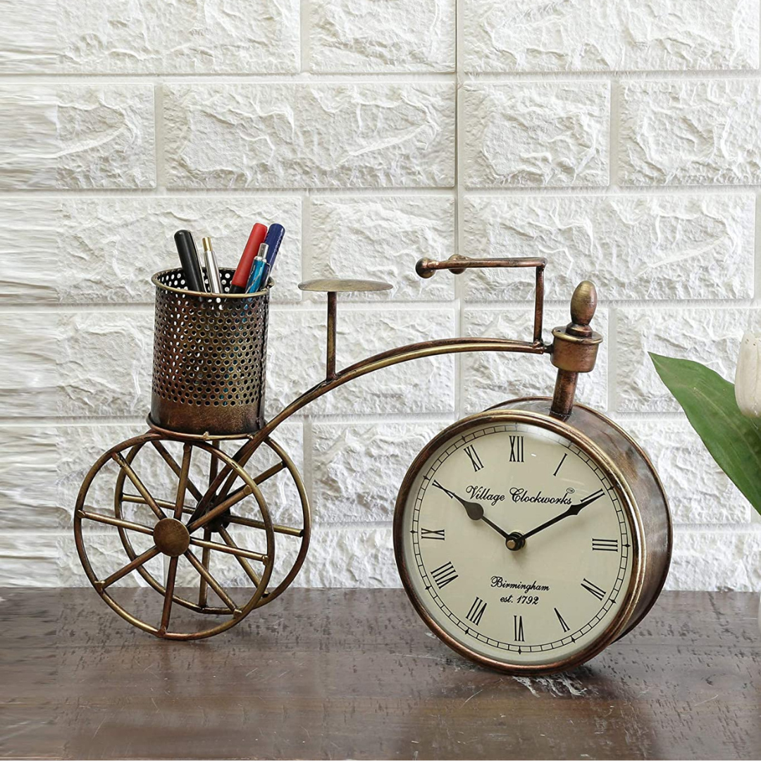 Metal Cycle Table Clock with Pen Stand