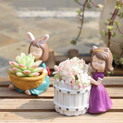 White Basket Girl Planter