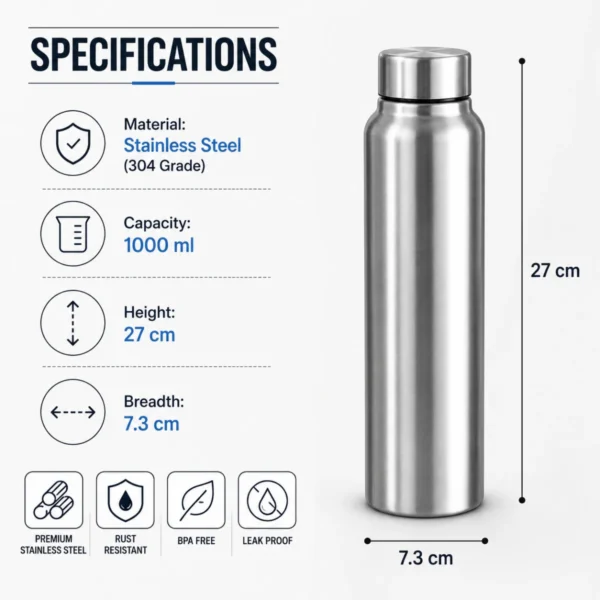 Specification infographic showing dimensions and capacity of 304 grade stainless steel water bottle.