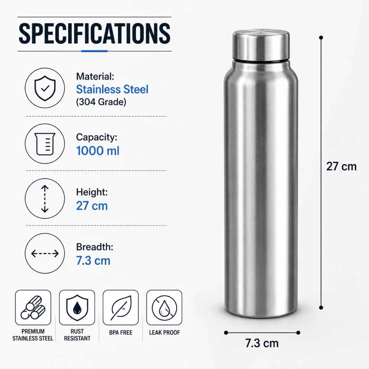 Specification infographic showing dimensions and capacity of 304 grade stainless steel water bottle.