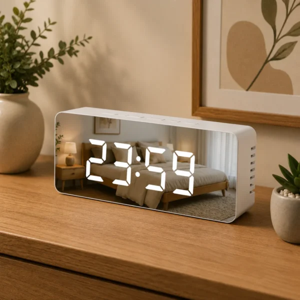 TINUMS Mirror Alarm Clock white LED digital clock for home décor