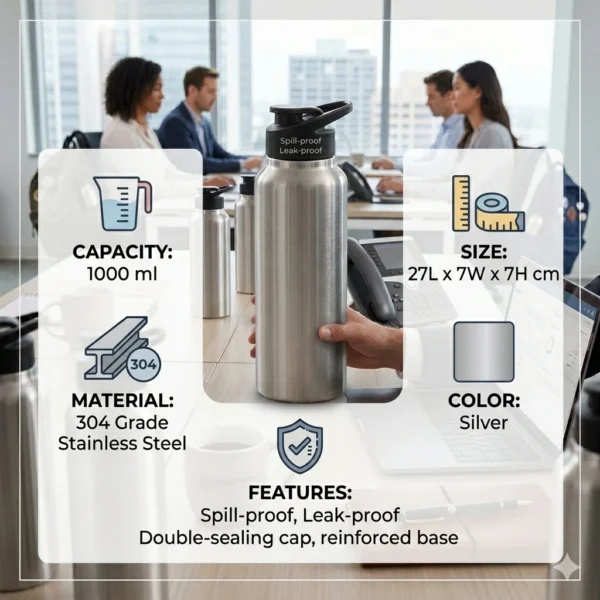A product specification infographic using the colorful water bottle, showing icons and text for capacity (900 ml), material (plastic & silicone), length (11.4”), and color (multicolour).