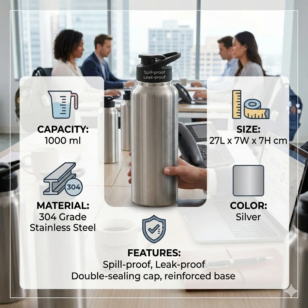 A product specification infographic using the colorful water bottle, showing icons and text for capacity (900 ml), material (plastic & silicone), length (11.4”), and color (multicolour).