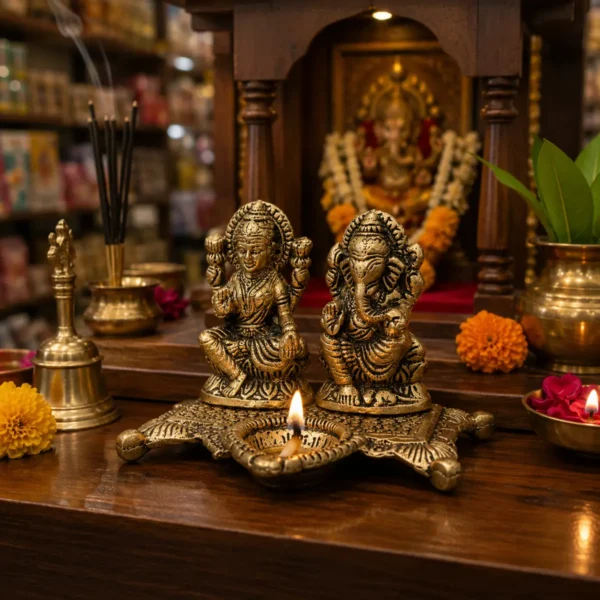 Golden Chowki Laxmi Ganesh Deepak for shop mandir décor