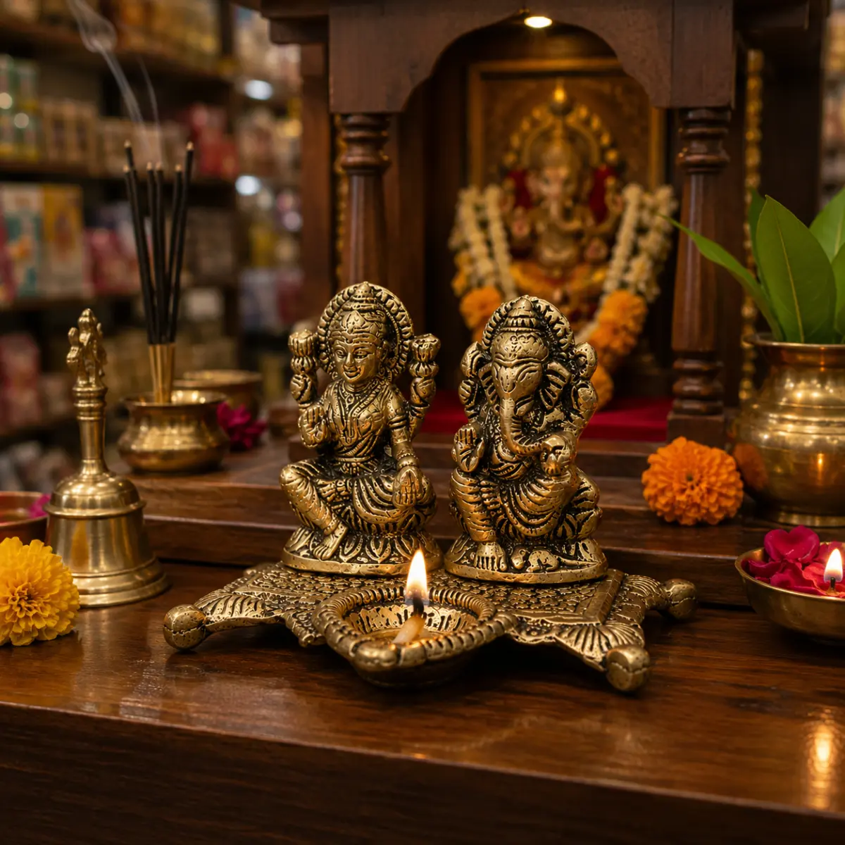Golden Chowki Laxmi Ganesh Deepak for shop mandir décor