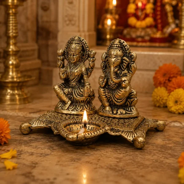Chowki Laxmi Ganesh Deepak golden idol for temple décor