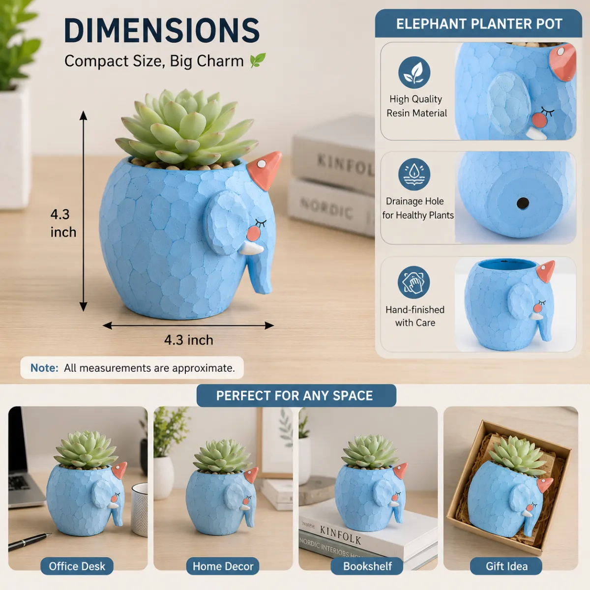 Diamond elephant planter dimensions image showing 4.3 x 4.3 inch resin planter for succulents and small plants