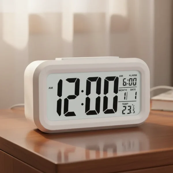 Elegant bedside digital clock with temperature display and alarm function.