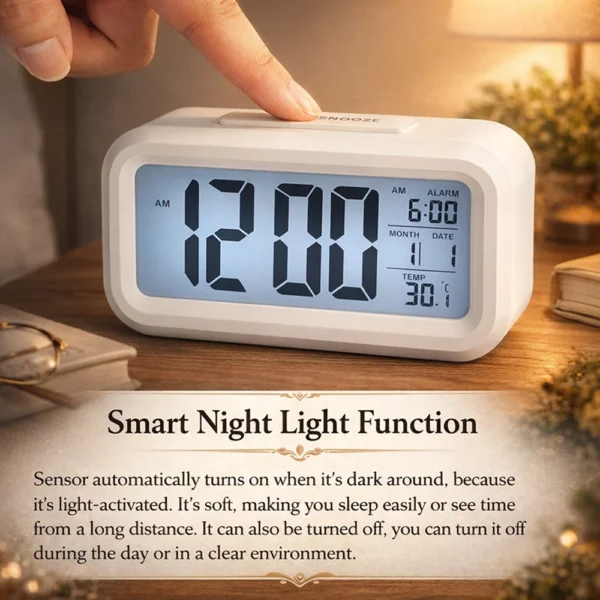 Advanced night light alarm clock with automatic sensor and snooze feature.
