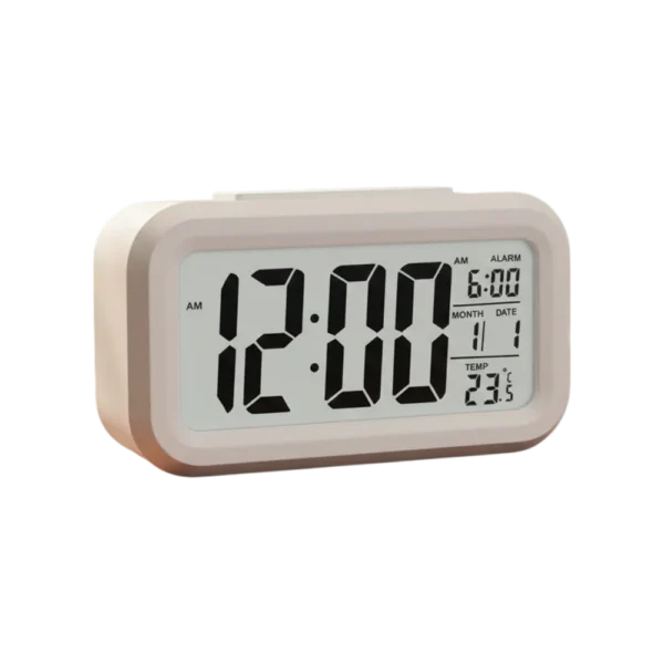 Premium digital alarm clock with large LCD display, date and temperature.