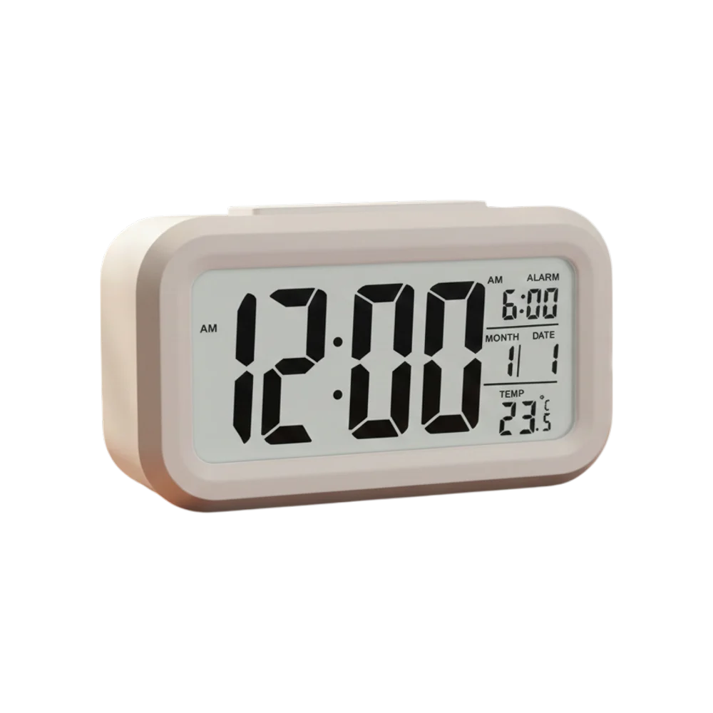 Premium digital alarm clock with large LCD display, date and temperature.