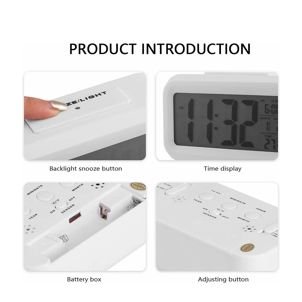 Smart digital alarm clock showing snooze button, battery compartment and controls.