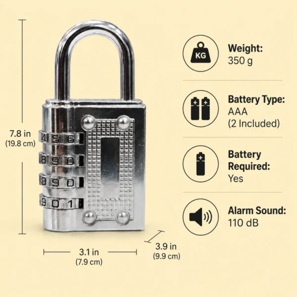 Good technical infographic detailing the exact premium measurements and alarm padlock specifications.