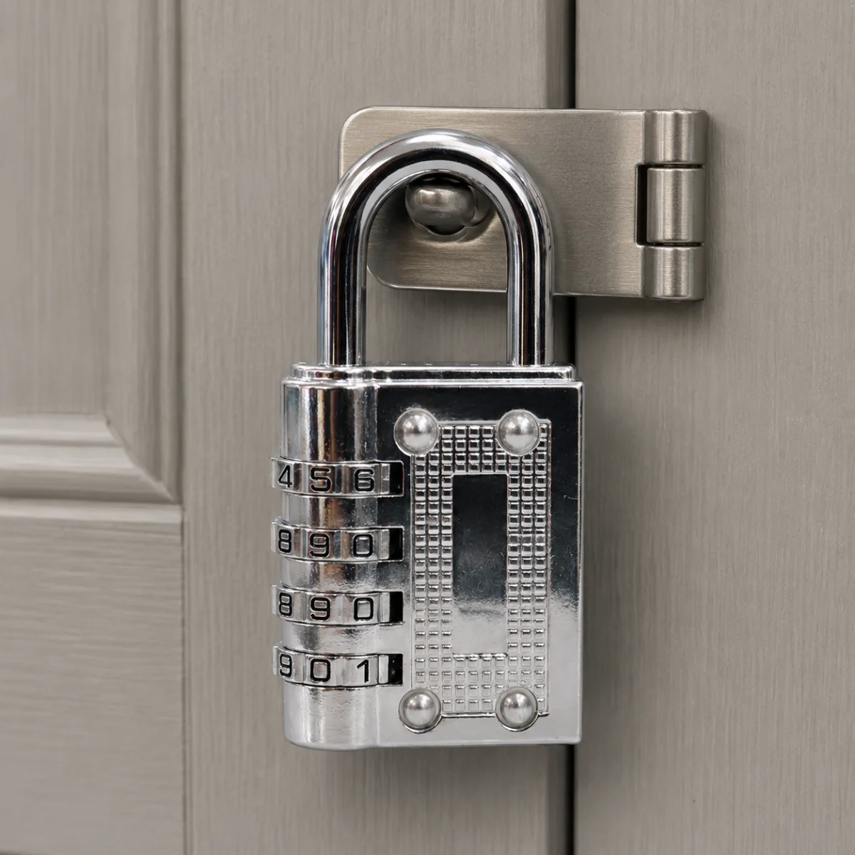 Premium high-security combination padlock installed onto a wooden room door latch.
