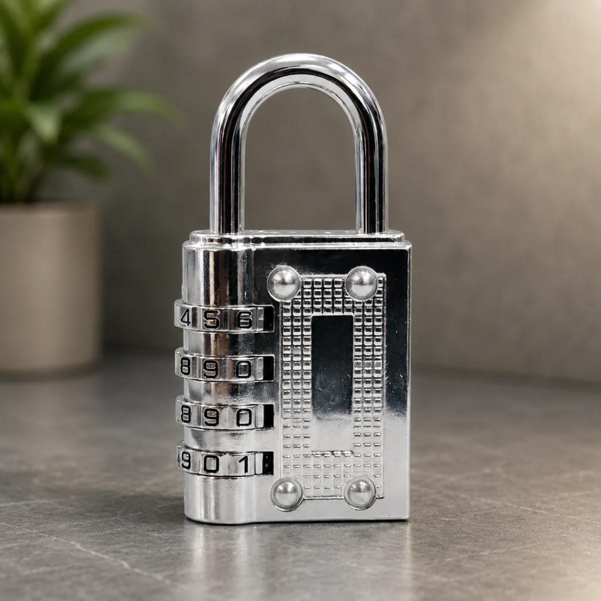 Premium combination padlock providing high security with a heavy-duty chrome finish.