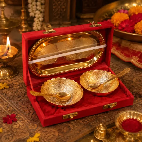 Double Bowl Spoon Golden Tray Set for festive serving and pooja décor