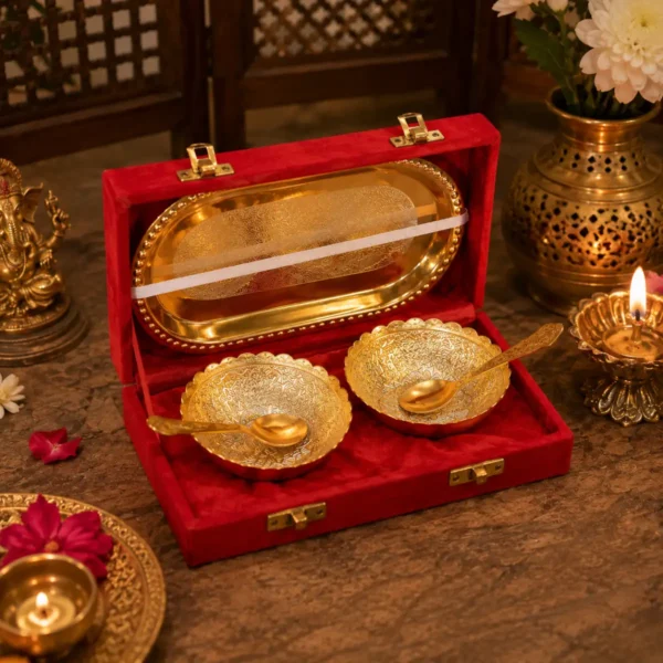 Golden brass double bowl spoon tray set for luxury home décor