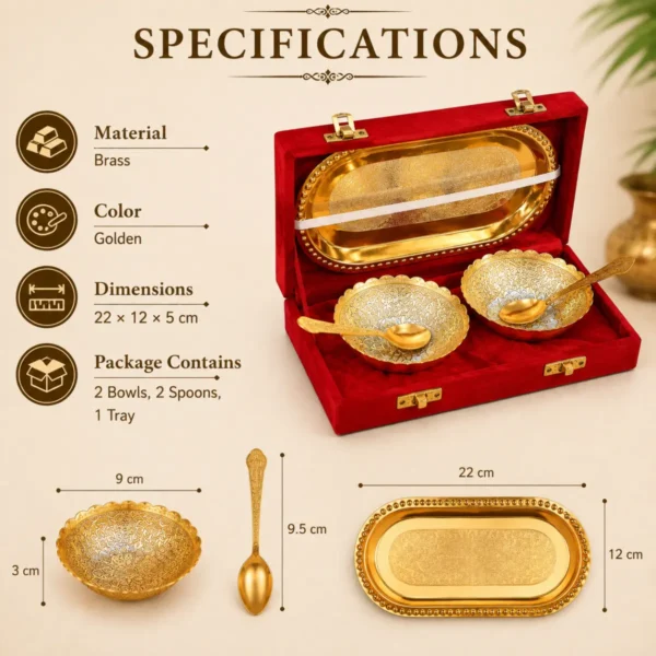 Double Bowl Spoon Golden Tray Set brass serving set specifications