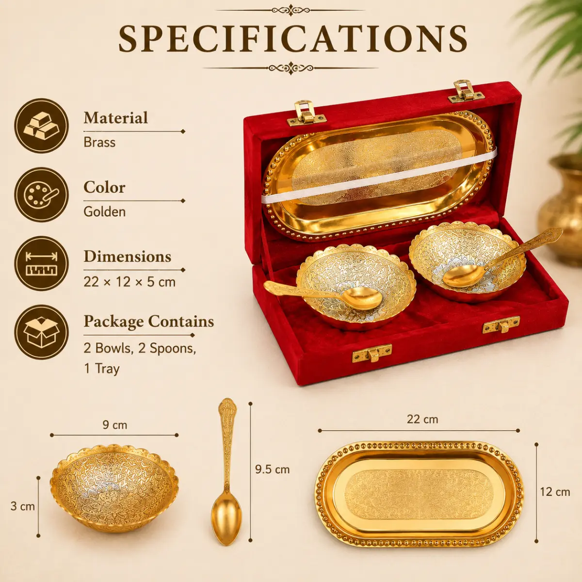 Double Bowl Spoon Golden Tray Set brass serving set specifications