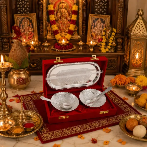 Silver brass double bowl spoon tray set for luxury home décor