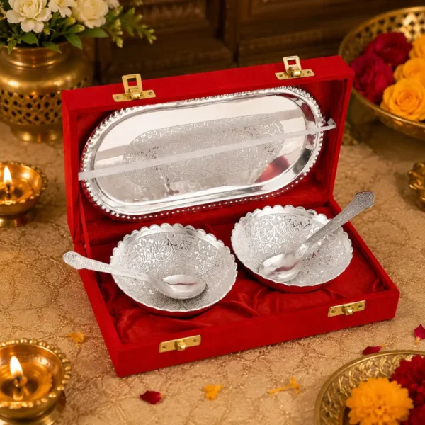 Double Bowl Spoon Tray Silver Set for festive pooja décor