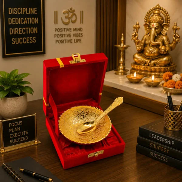 Golden Bowl Set with Spoon and Box for office mandir décor