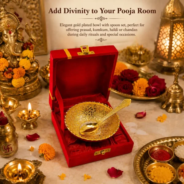 Golden Bowl Set with Spoon and Box for pooja room decor