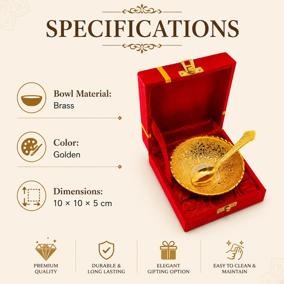 Golden Bowl Set with Spoon and Box brass bowl specifications