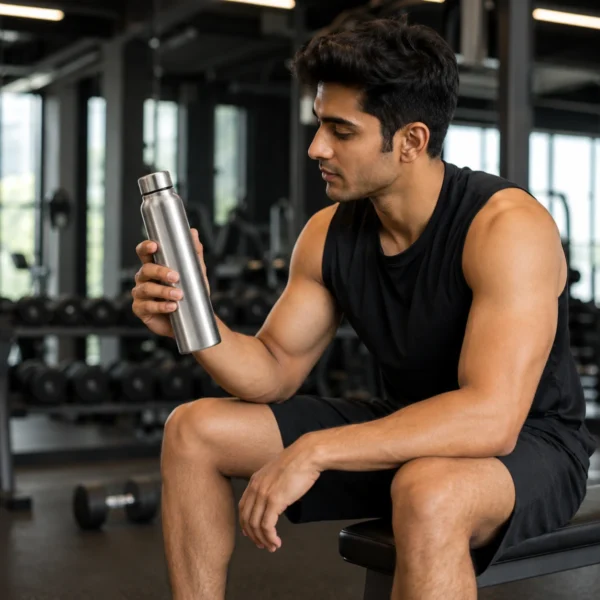 Athletic man holding a stainless steel water bottle inside a modern gym.