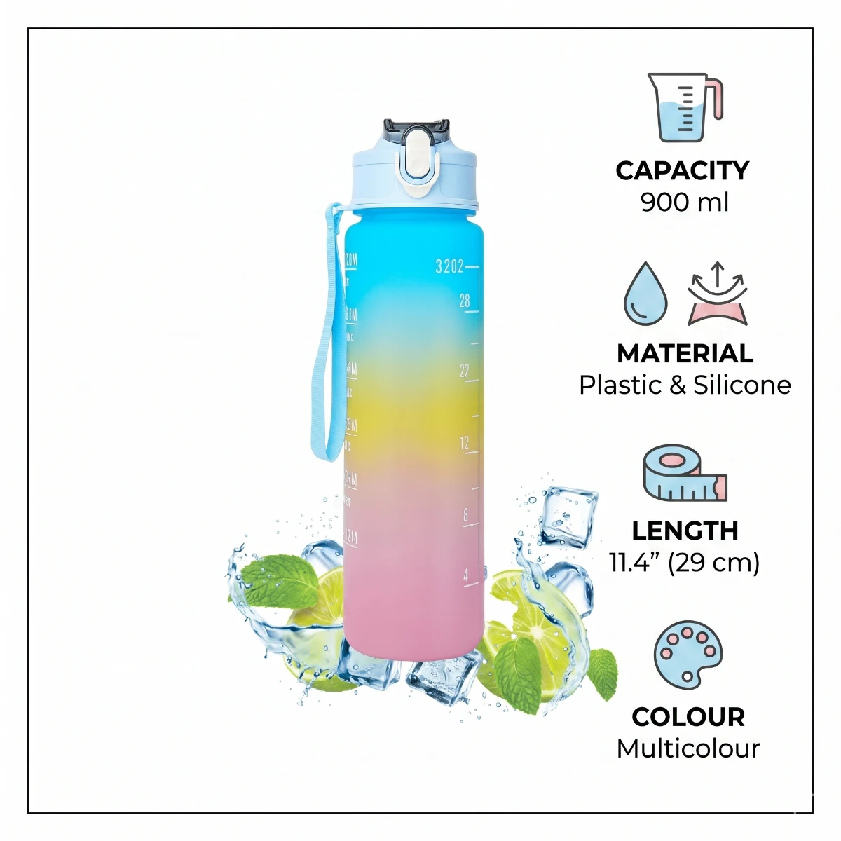 HOME LANE 900ml motivational sipper water bottle specifications with plastic silicone material and multicolour design