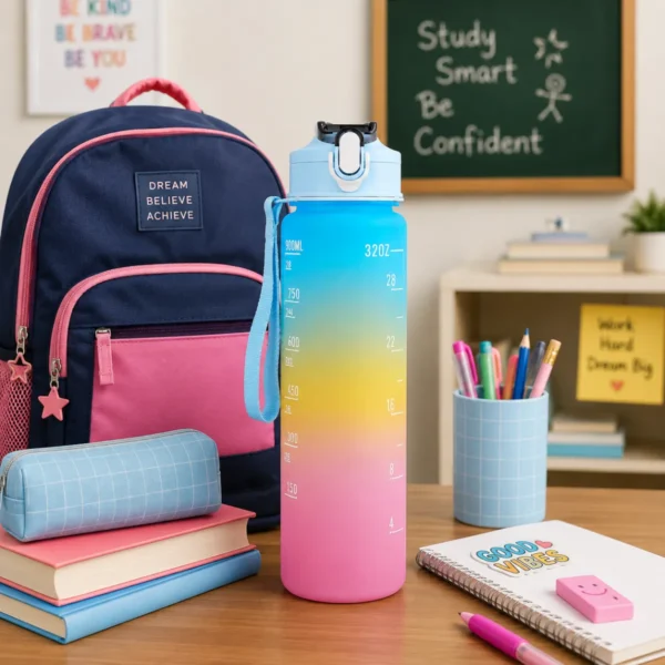 HOME LANE motivational sipper water bottle with school bag, books and stationery on study desk