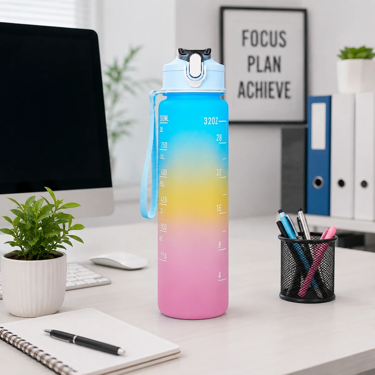 HOME LANE motivational sipper water bottle placed on modern office desk with computer and stationery
