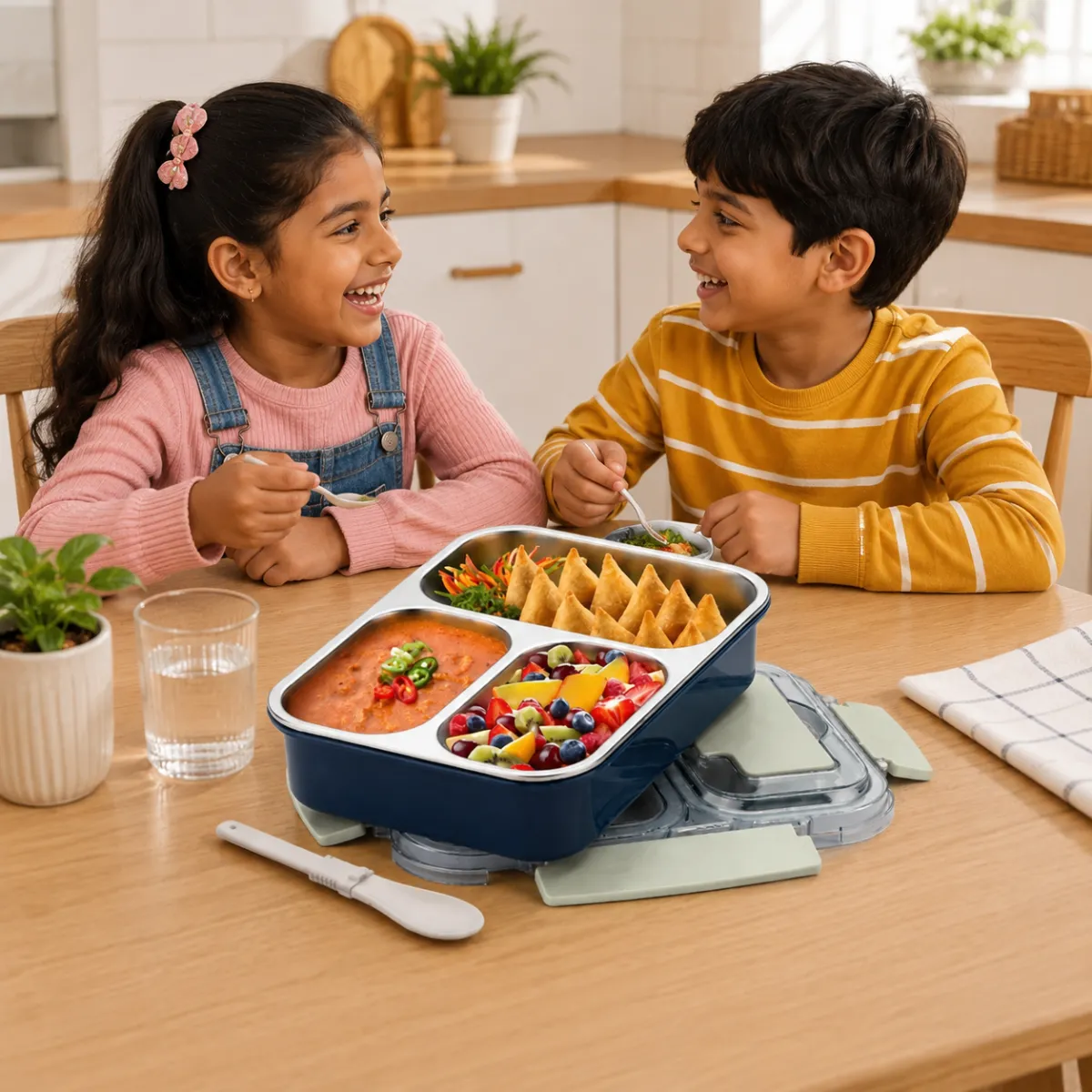Children enjoying meal with HOME LANE stainless steel lunch box in cozy dining setup