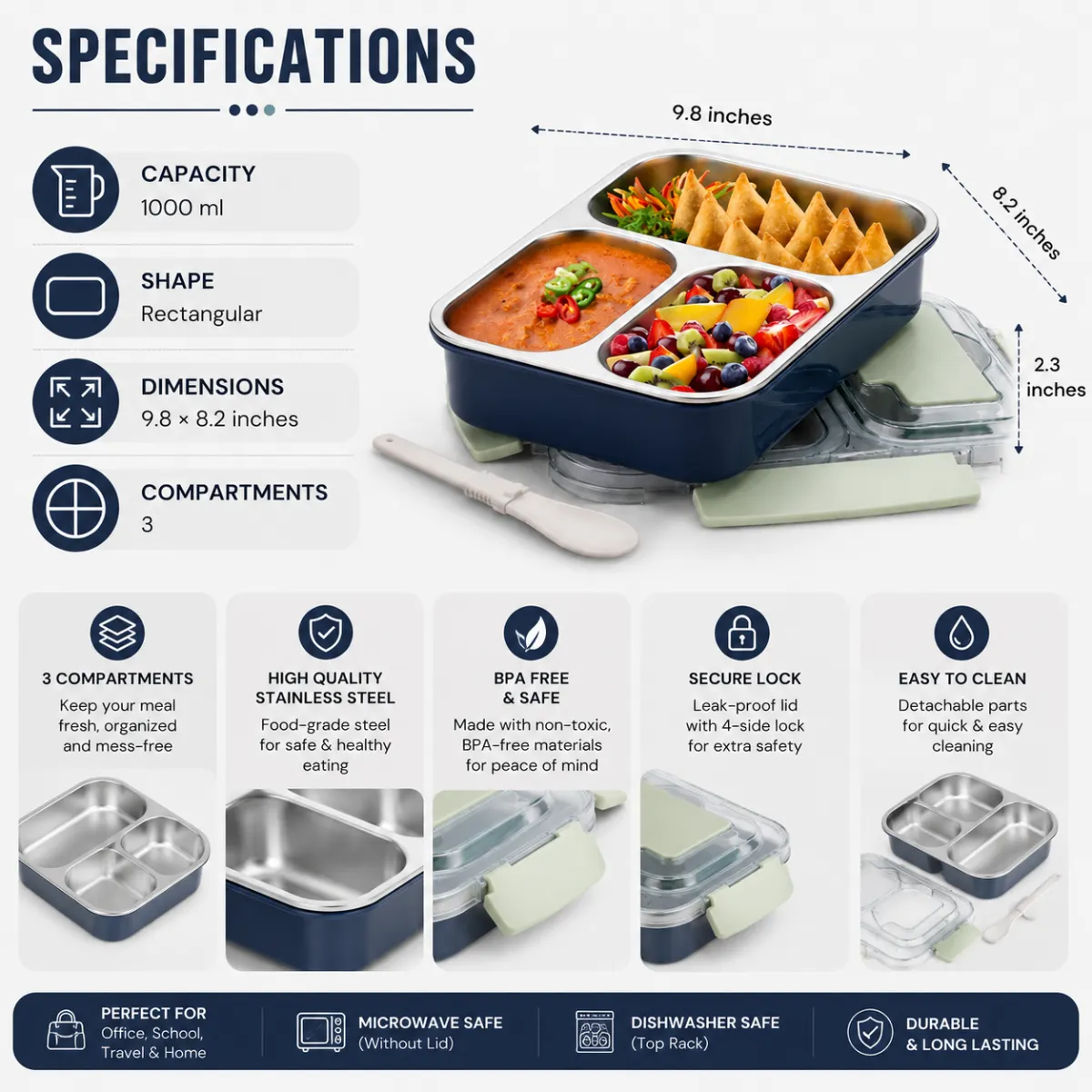 HOME LANE stainless steel lunch box specifications showing 1000 ml capacity rectangular shape and 3 compartments infographic