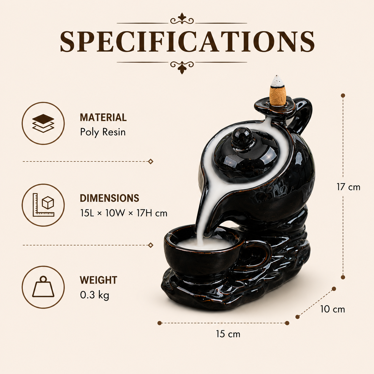 Kettle Smoke Backflow Incense Holder specifications