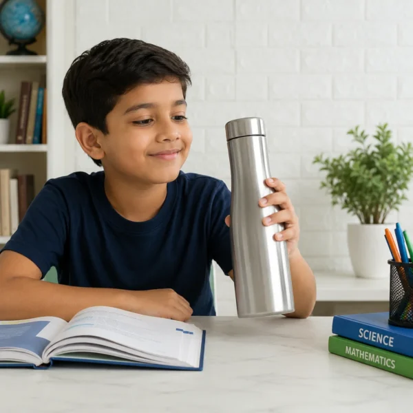 Young child using a stainless steel water bottle while studying at home.
