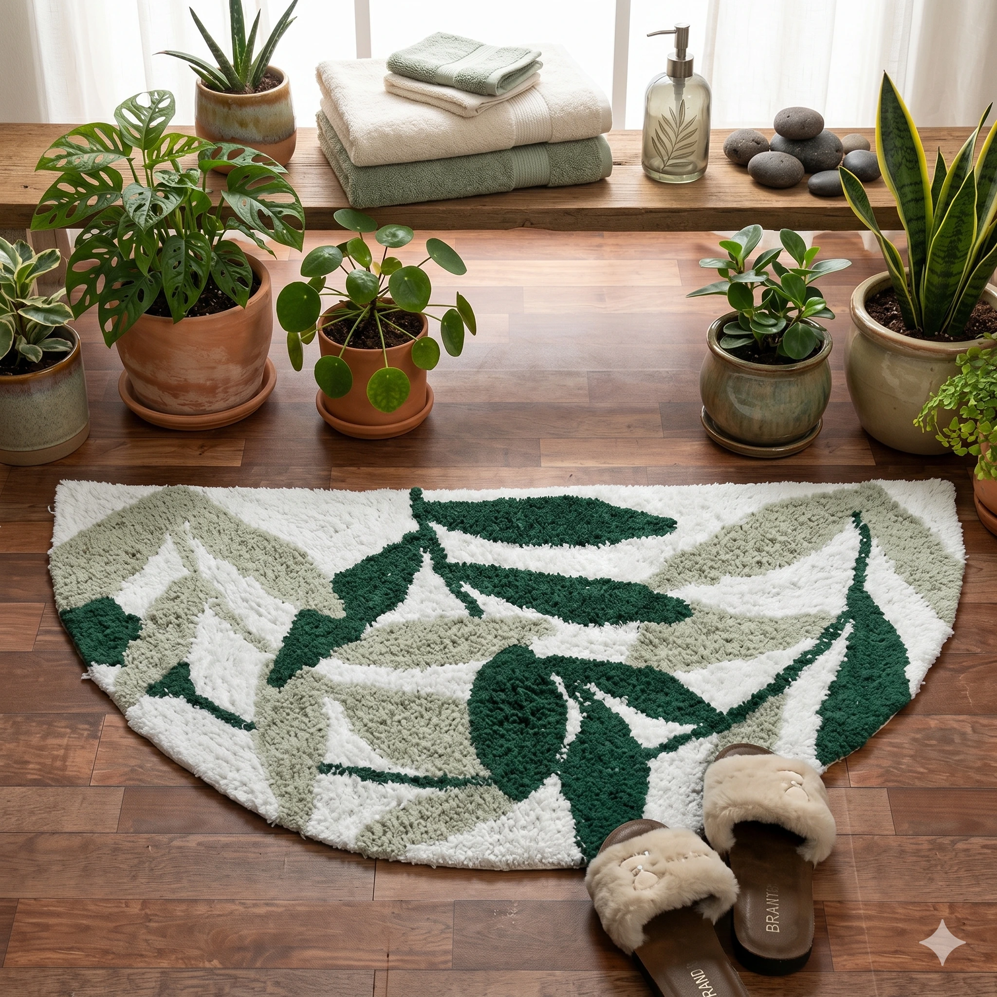 Premium leaf design bath mat enhancing a modern spa-inspired bathroom setting.