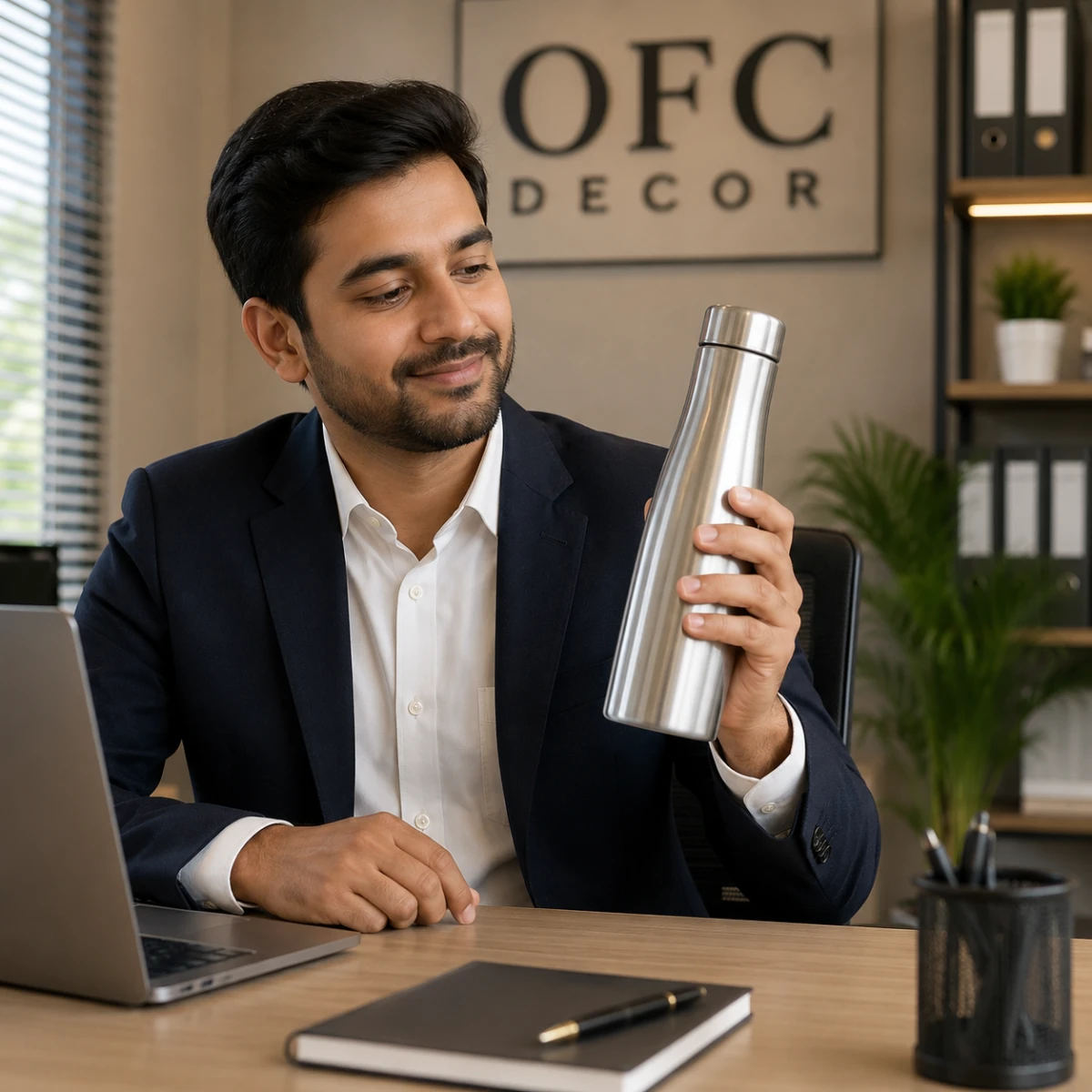 Professional office employee holding a stainless steel water bottle at work desk.