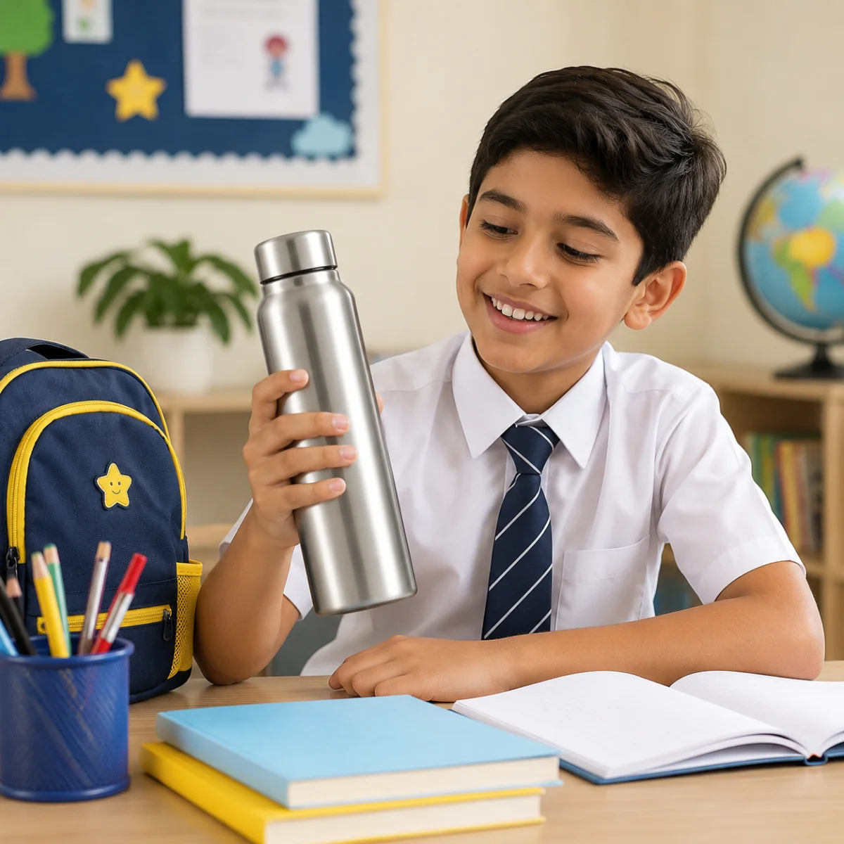 School student holding a stainless steel water bottle while studying in classroom.