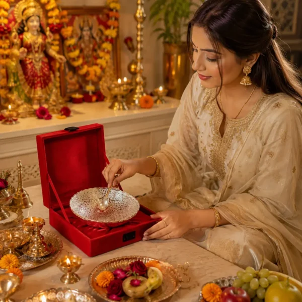 Woman using Silver Bowl Set with Spoon and Box during pooja