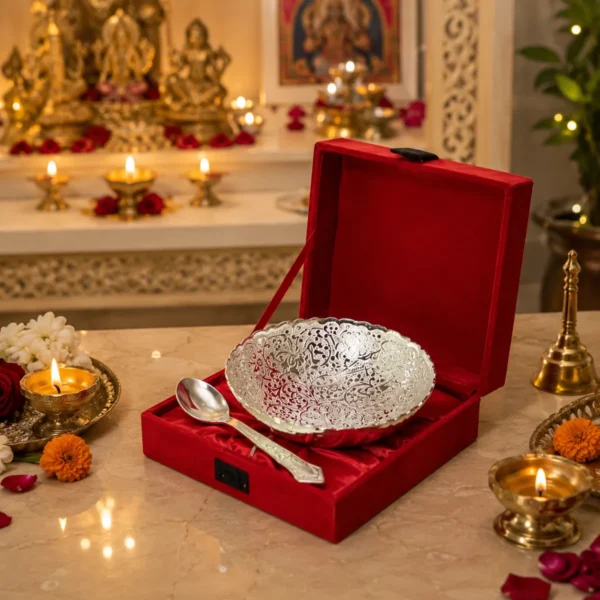 Silver Bowl Set with Spoon and Box for pooja room decor