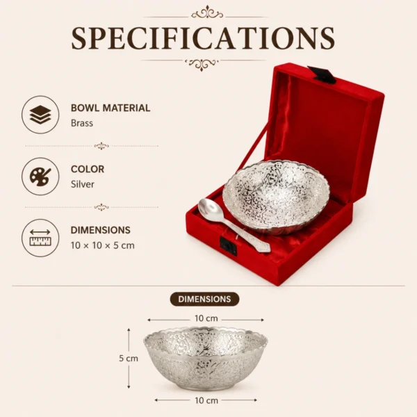 Silver Bowl Set with Spoon and Box specifications